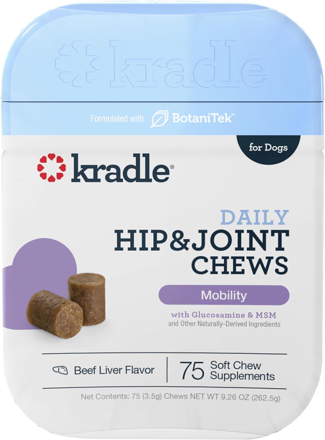 Kradle Daily Calming Hip & Joint Chews - Mobility & Comfort Chews & Stress-Relief Support for Dogs - Soft Calming Chews with Soothing Ingredients - for All Dog Breed & Sizes - 75 Count Jar