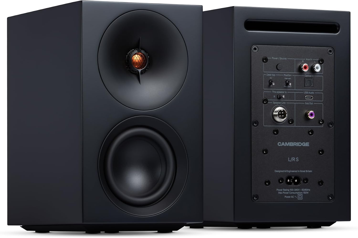 Cambridge Audio L/R S – 100W Compact Active Stereo Speakers with Built-in aptX HD Bluetooth, USB Audio, Aux & Optical Inputs, Subwoofer Output, Remote Control, Room Positioning & DynamEQ – Black