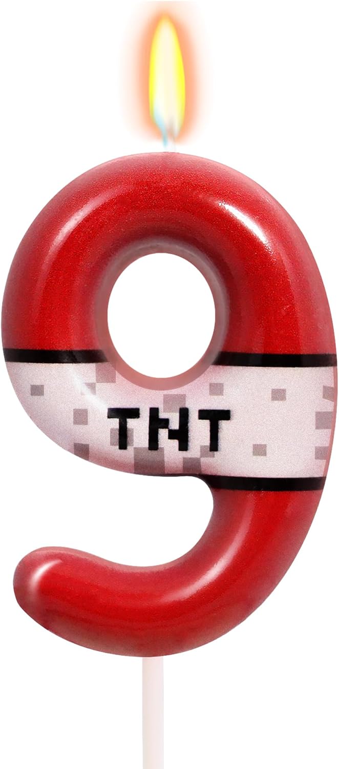 TNT Themed Birthday Candles for Boys Girls, Pixels Cake Topper, Kids Birthday Party Decorations, Theme Birthday Party Supplies (Number 9-Red)