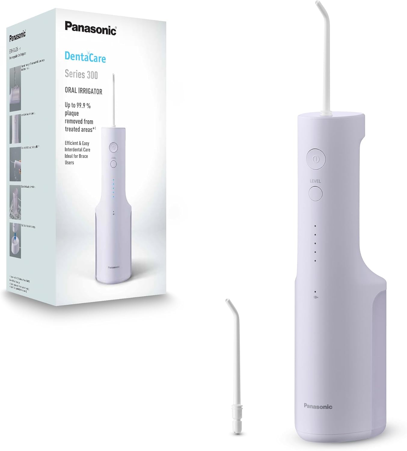 Panasonic Series 300 Water Flosser for Teeth, Cordless EW-DJ26-V311, 99.9% Plaque Remover, 200ml, IPX7, 2 Regular Nozzles, 5 Pressure Settings, Oral Irrigator for Home & Travel, Purple