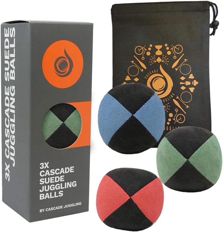 Cascade Juggling 3 x Pro 110g Cascade Suede Juggling Balls - Quality Thud Juggling Balls & Bag - Set of 3 Beginner Juggling Balls (Red, Blue, Green/ Black)