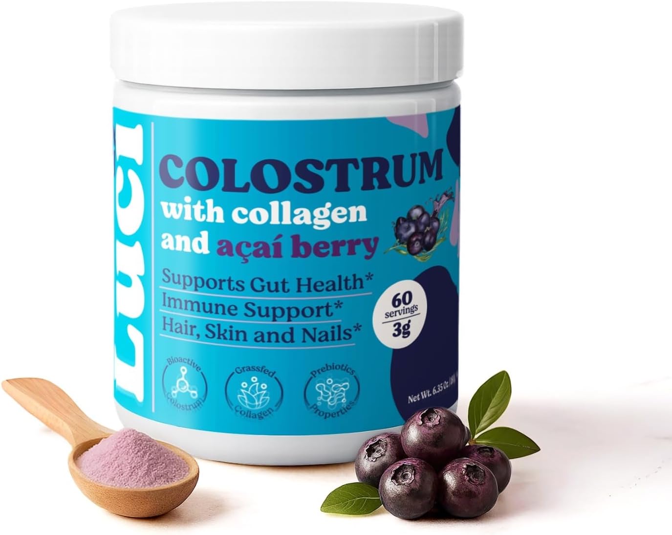 LUCI Colostrum, Collagen and Acai Powder | Gut Health & Bloating | Skin & Hair | Immunity | Keto, Gluten & Fat-Free