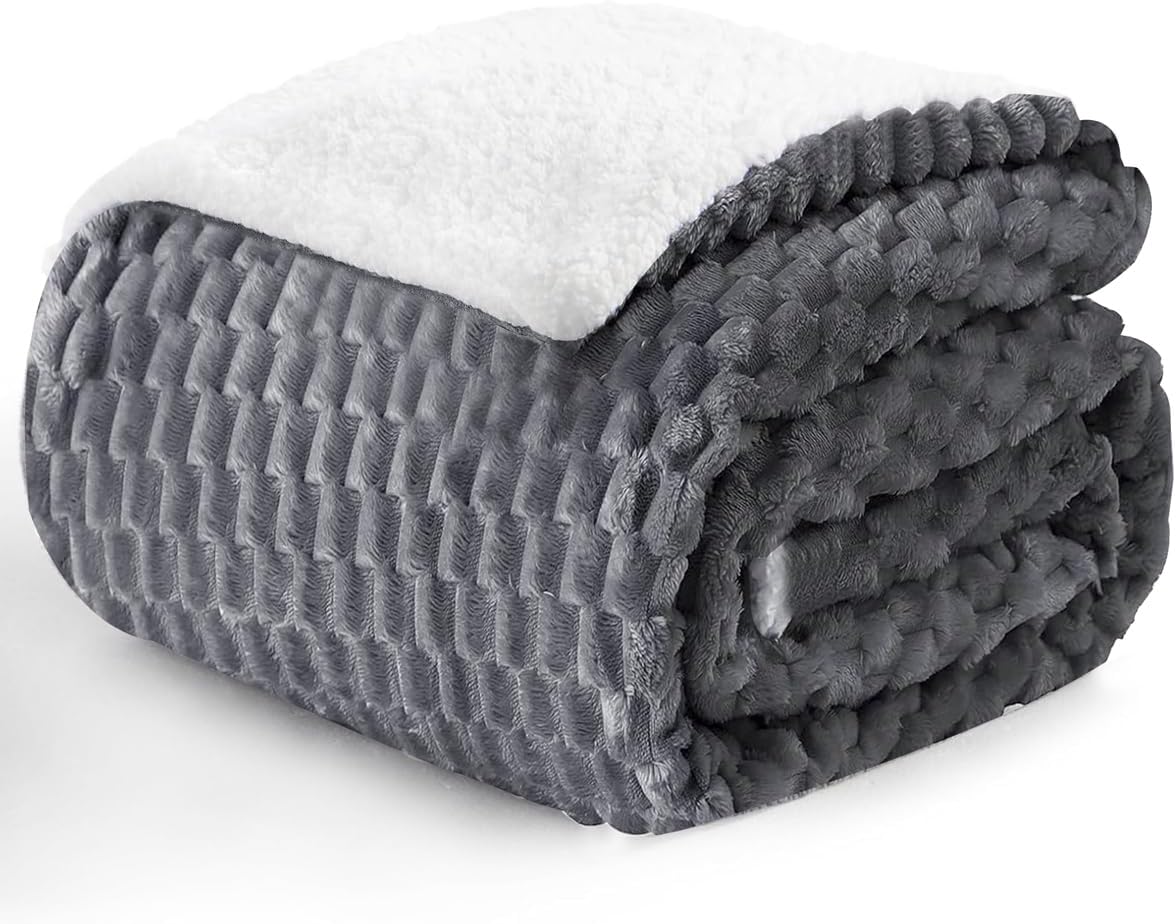 Sherpa Fleece Blanket Throws Dark Grey, Thick Warm Blanket 150x200cm Fluffy Throw for Bed Couch Double Size, Winter Soft Decorative Jacquard Blankets for Gifts