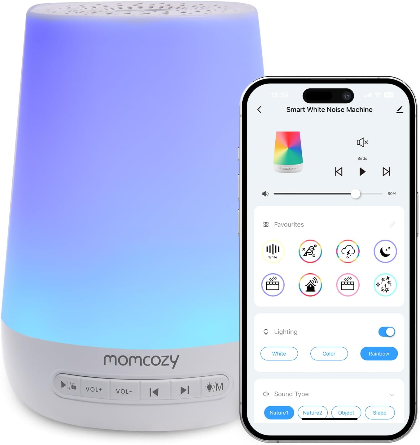 Momcozy White Noise Machine,Sound Machine for Baby Adults with 7 Colour Night Light,34 Soothing SoundsTherapy for Sleeping Nursery, White Noise APP Control,Timer,USB Rechargeable,Office Home Travel