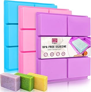 Walfos Silicone Soap Molds Set of 3, 6 Cavities Rectangle Silicone Soap Molds for Homemade Craft Soap Mold, Cake Mold, Chocolate Mold ＆ Ice Cube Tray（Blue & Purple ＆ Pink）