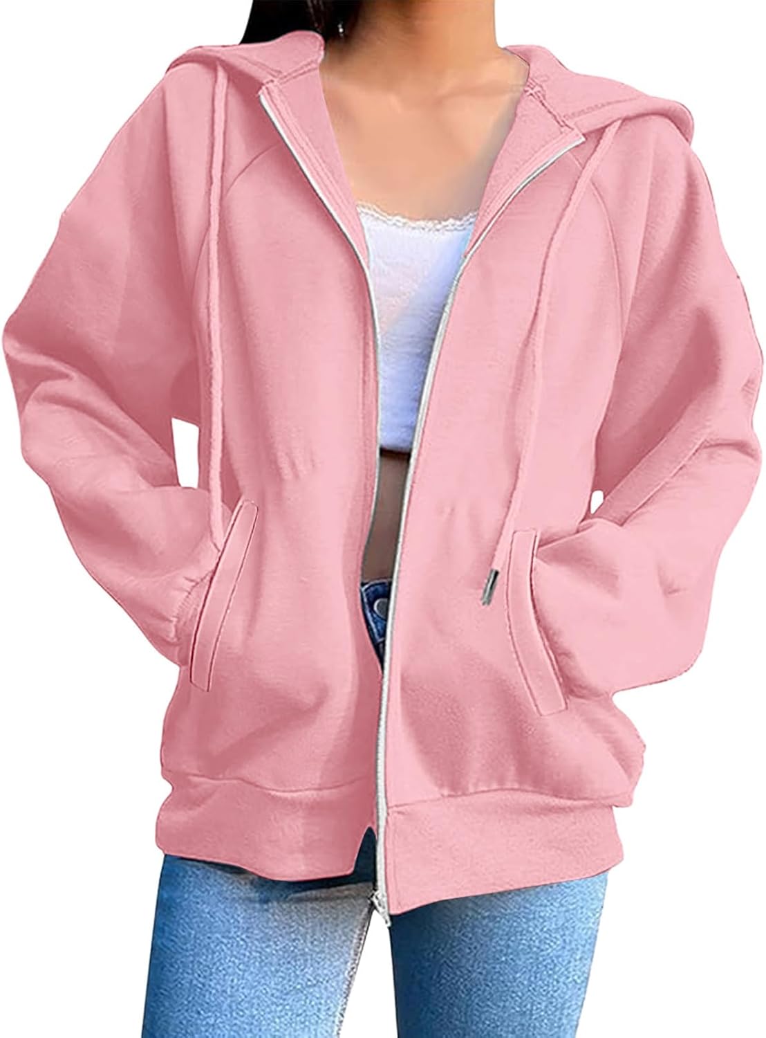 Zip Up Hoodie for Women Oversized Fall Long Sleeve Hooded Sweatshirts Casual Jacket Coats Winter Clothes with Pocket