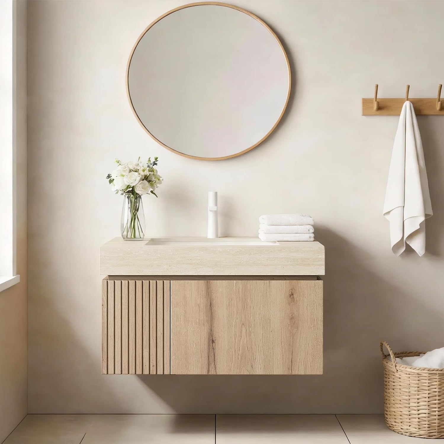 30 inch Floating Bathroom Vanity with Sink, Light Oak, Plywood