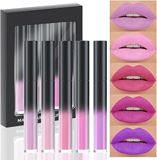 evpct 5Pcs Lavender Baby Pink Rose red Violet Plum purple Matte Liquid Lipstick Lip Stain Sets for Women Matte+Lipstick Long Lasting 24 hr Hours Magic Lipstick 24 Hours original Waterproof Set01