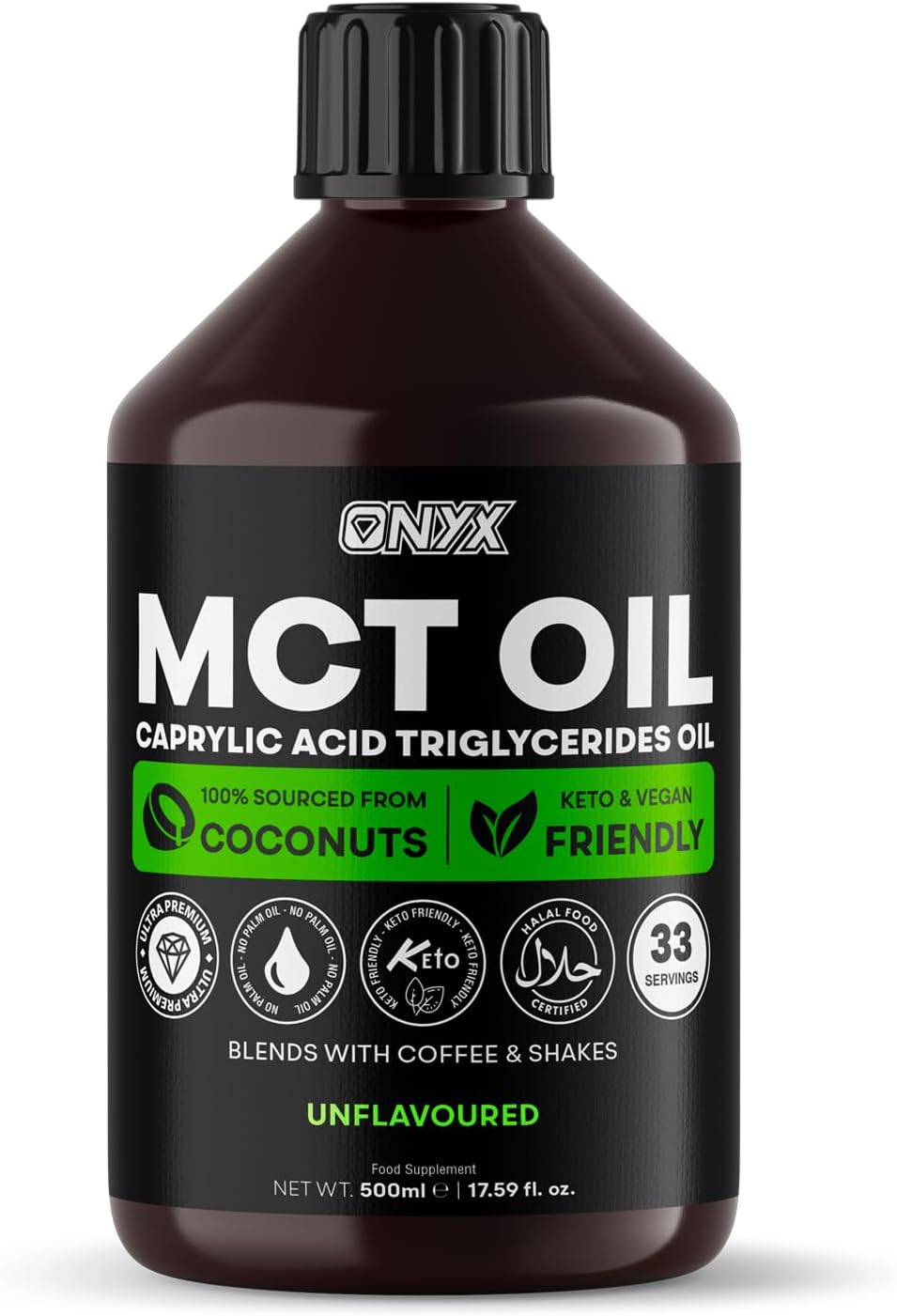 Onyx MCT Oil 500ml High Potency C8 & C10 Premium Coconut Oil Ketones Booster - Suitable for Ketogenic, Paleo, Vegan & Low Carb Diet (UNFLAVOURED)