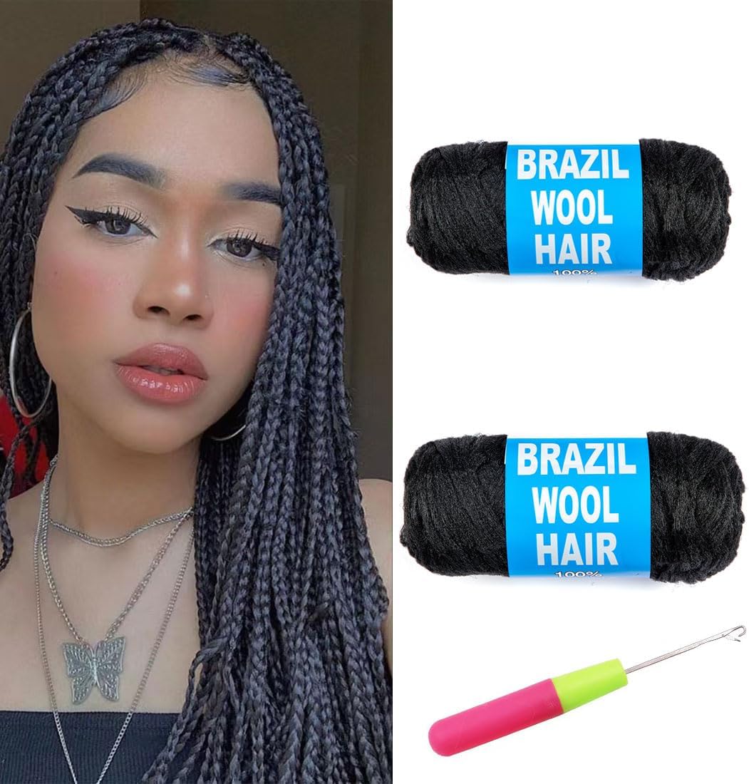 Natural Black Brazilian Wool Hair Acrylic Yarn for African Crochet Braids Senegalese Twist Faux LocsSenegalese Twist Jumbo Braiding Box Braids Twist Wraps Synthetic Fiber Hair Extensions (2 Roll)
