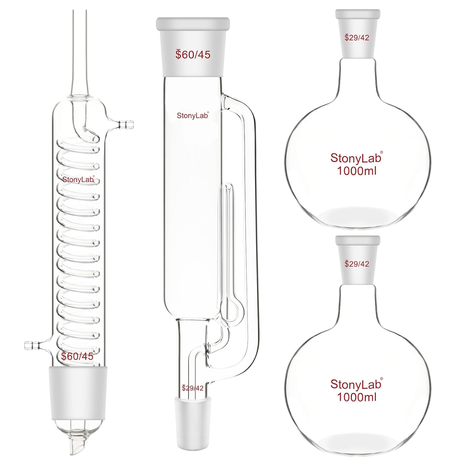 stonylab Soxhlet Extraction Kit with Borosilicate Glass 60/45 Soxhlet Extractor, Graham Condenser and Two 1000 ml 29/42 Flat Bottom Flasks for Lab Use