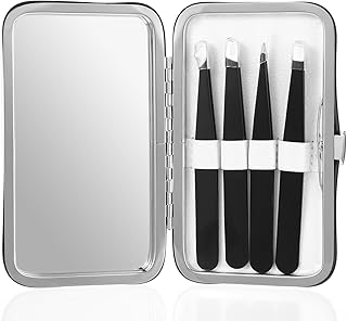 4Pcs Tweezers for Eyebrow, Slant Tip Pointed Tweezer Set Stainless Steel Professional Great Precision Tweezers Eyelash Curler Personal Care Beauty Tools for Facial Ingrown Hair Splinter