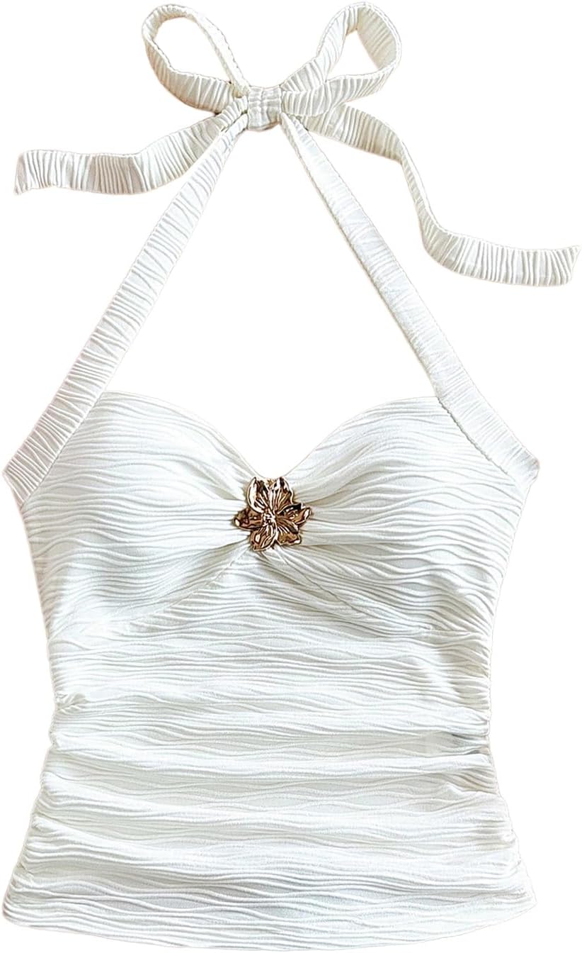 SOLY HUX Women's V Neck Halter Tops Open Back Y2k Ruched Floral Metal Summer Going Out Cami Tops