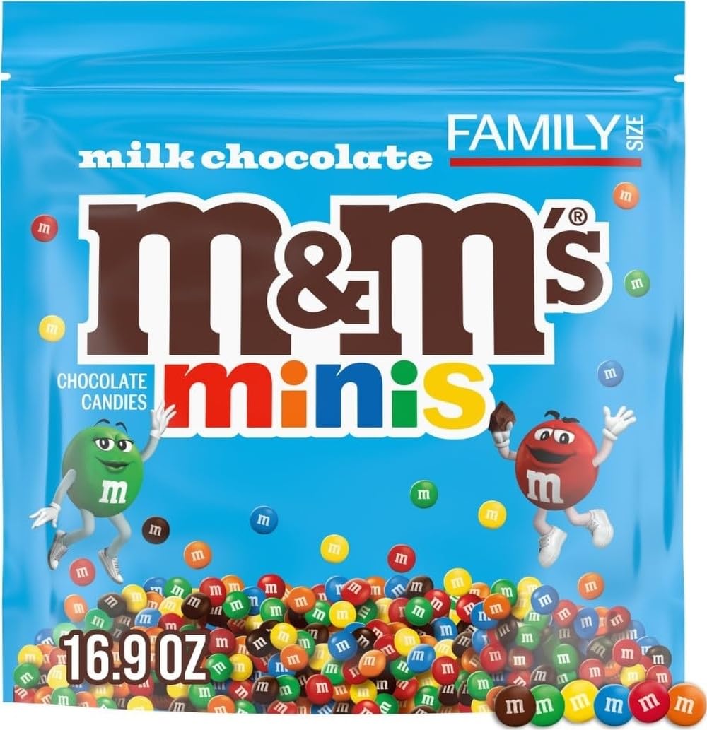M&M'S MINIS Milk Chocolate Candy Assortment, Family Size, 16.9 oz Resealable Bulk Chocolate Candy Bag