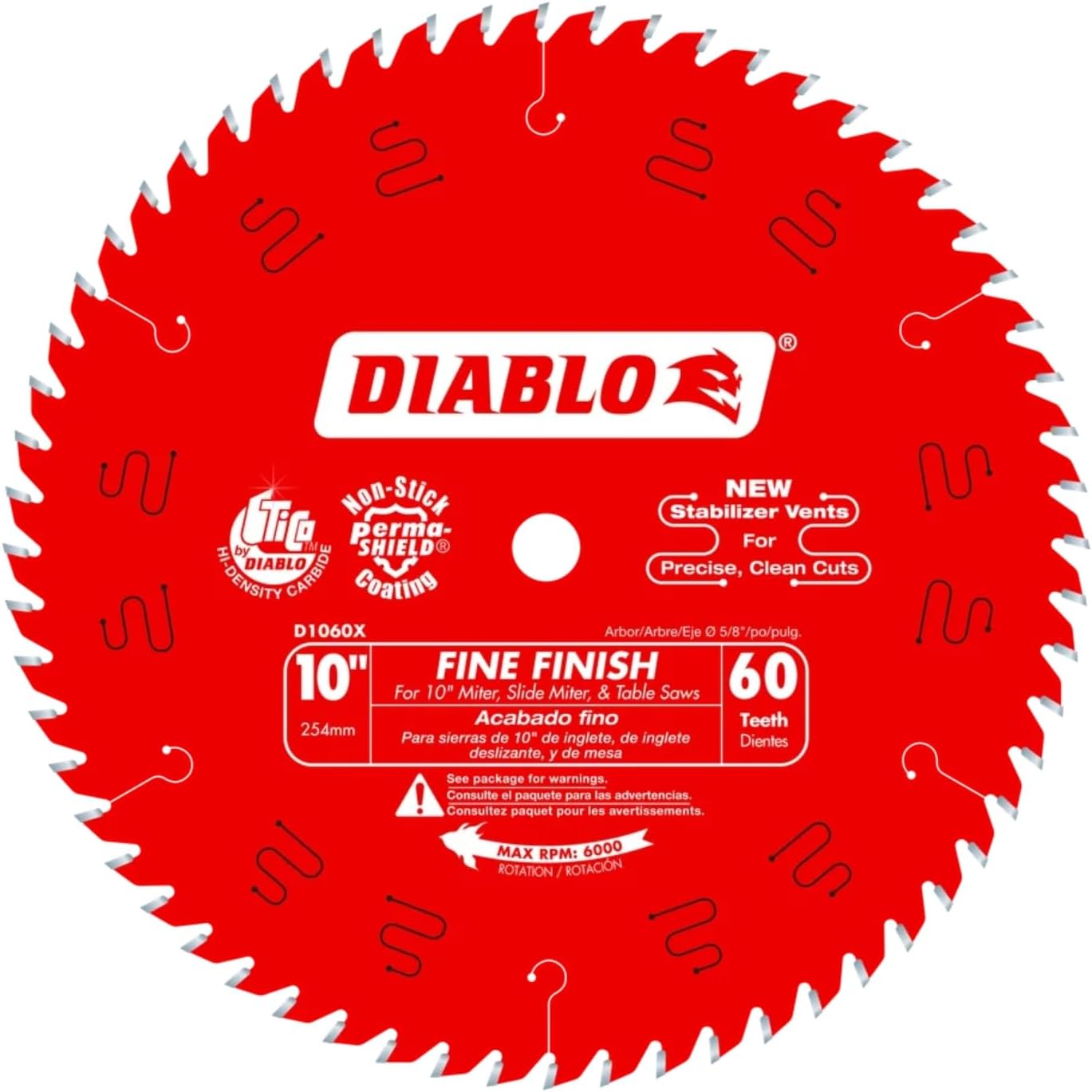 Diablo Fine Finish Saw Blade for Wood - Ultra-Smooth Cuts, 60 Hi-ATB Teeth, 10" Diameter, .098" Kerf, 5/8" Arbor - D1060X | 10 Dia, 60 Hi-Atb Tico Carbide Teeth, 098 Laser-Cut Thin Kerf, Perma-Shield Coating