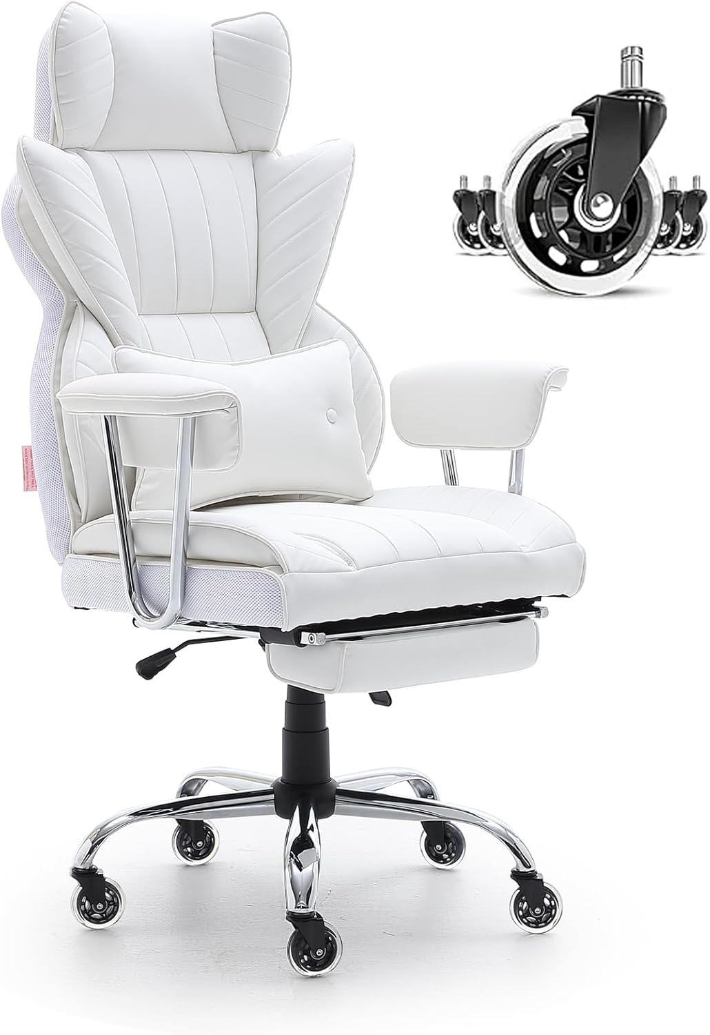 VEVOR Reclining Office Chair with Footrest, Heavy Duty PU Leather Wide Office Chair, Big and Tall Executive Office Chairs with Lumbar Support, Strong Metal Base Quiet Wheels, White