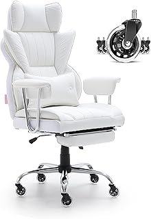 VEVOR Reclining Office Chair with Footrest, Heavy Duty PU Leather Wide Office Chair, Big and Tall Executive Office Chairs with Lumbar Support, Strong Metal Base Quiet Wheels, White