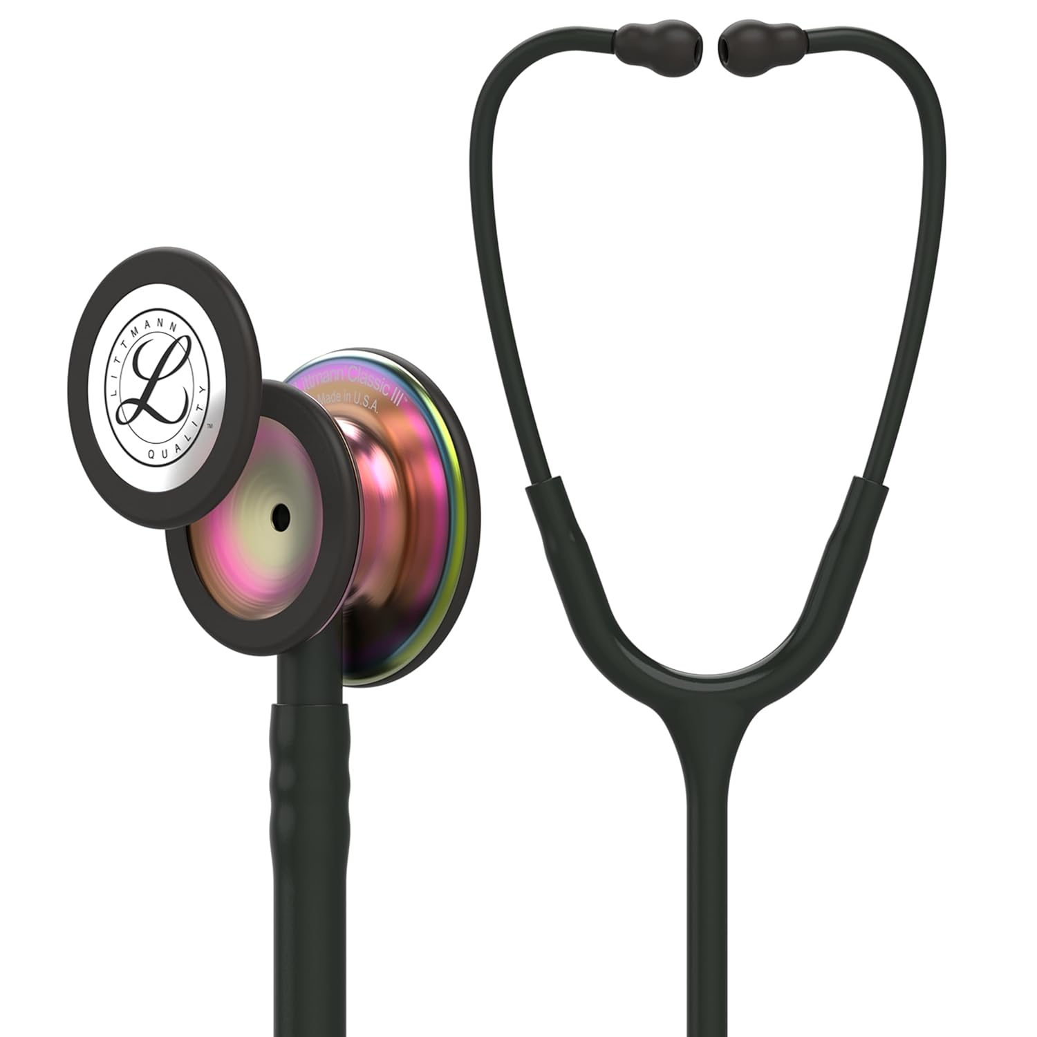 3M Littmann Classic III Monitoring Stethoscope, 5870, More Than 2X as Loud, Weighs Less, Stainless Steel Rainbow-Finish Chestpiece, 27' Black Tube, Stem and Headset