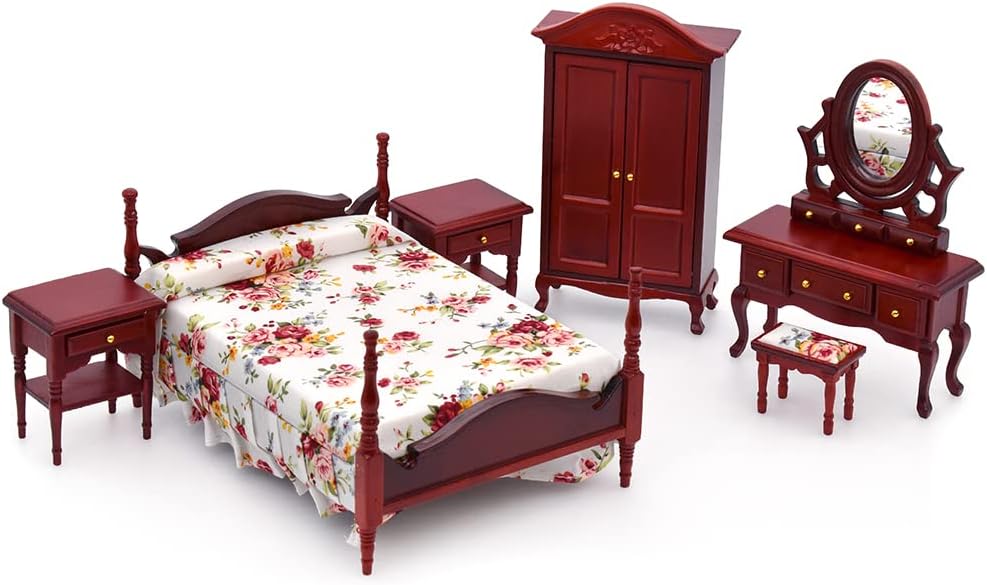 iLAND Wooden Dollhouse Furniture 1/12 Scale, Dollhouse Bedroom Furniture in Mahogany Color incl Dollhouse Bed & Dressing Table & Wardrobe (Classical Miniature Furniture 6pcs)