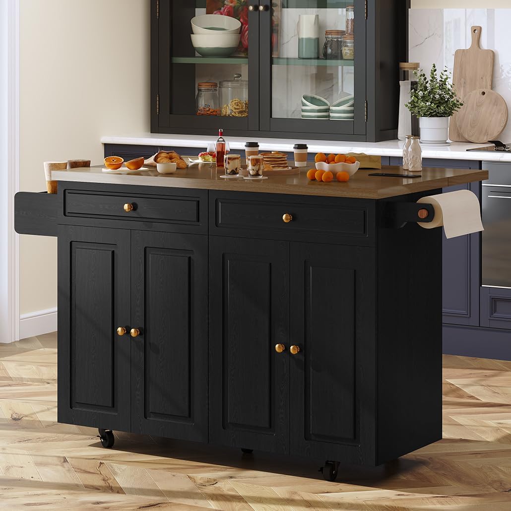 COCO DESIGN 60" Rolling Kitchen Cart with Power Strip & Drop Leaf, Thick Countertop, Large Storage Cabinet & Drawers, Mobile Island with Locking Wheels, Towel Rack and Spice Rack, Black and Walnut
