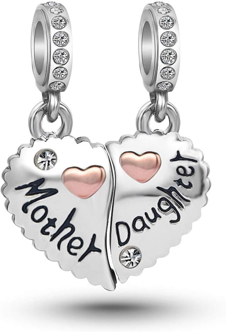 KunBead Mother Daughter Son Sisters Best Friends Bestie Rose Gold Heart Puzzle Dangle Birthday Charms Compatible with Pandora Bracelet