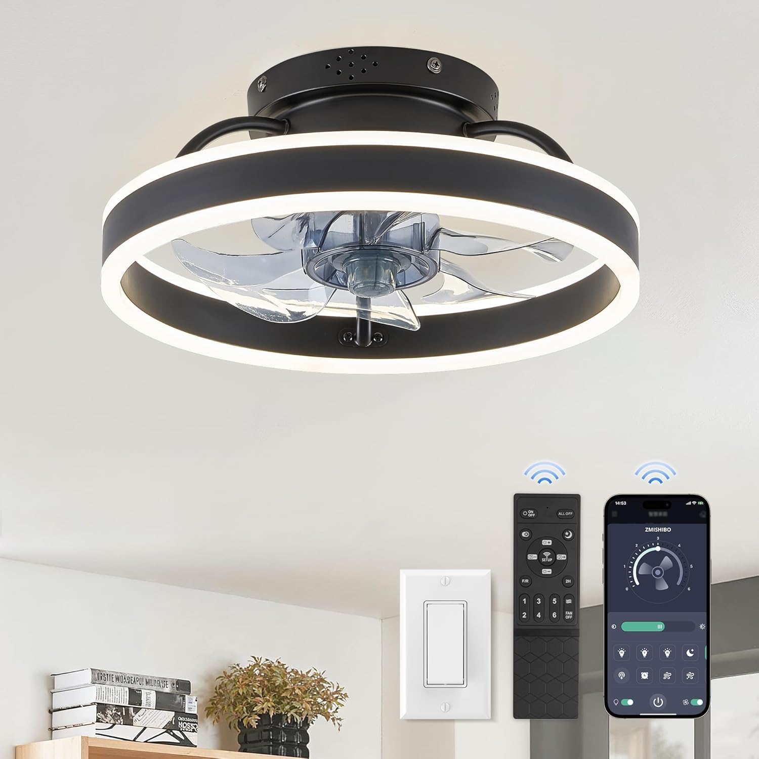 ZMISHIBO Low Profile Ceiling Fans with Lights and Remote, 13 Inch Fandelier Ceiling Fan with Light, Black Modern Flush Mount Ceiling Fan, Small Dimmable LED Fan Lights for Bedroom