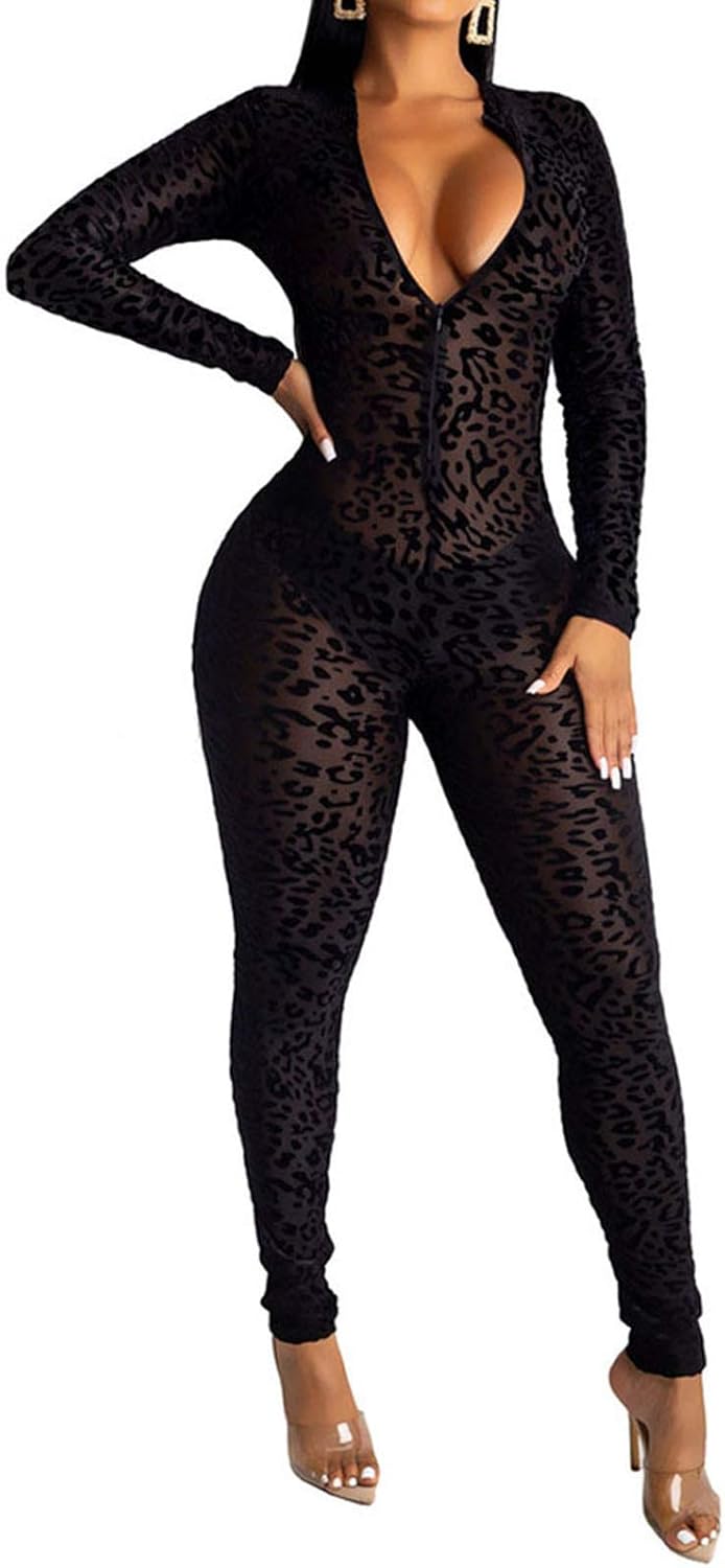 Uni Clau Women See Through Bodycon Jumpsuit - One Piece Deep V Neck Outfits Sheer Mesh Leopard Clubwear Jumpsuit Rompers