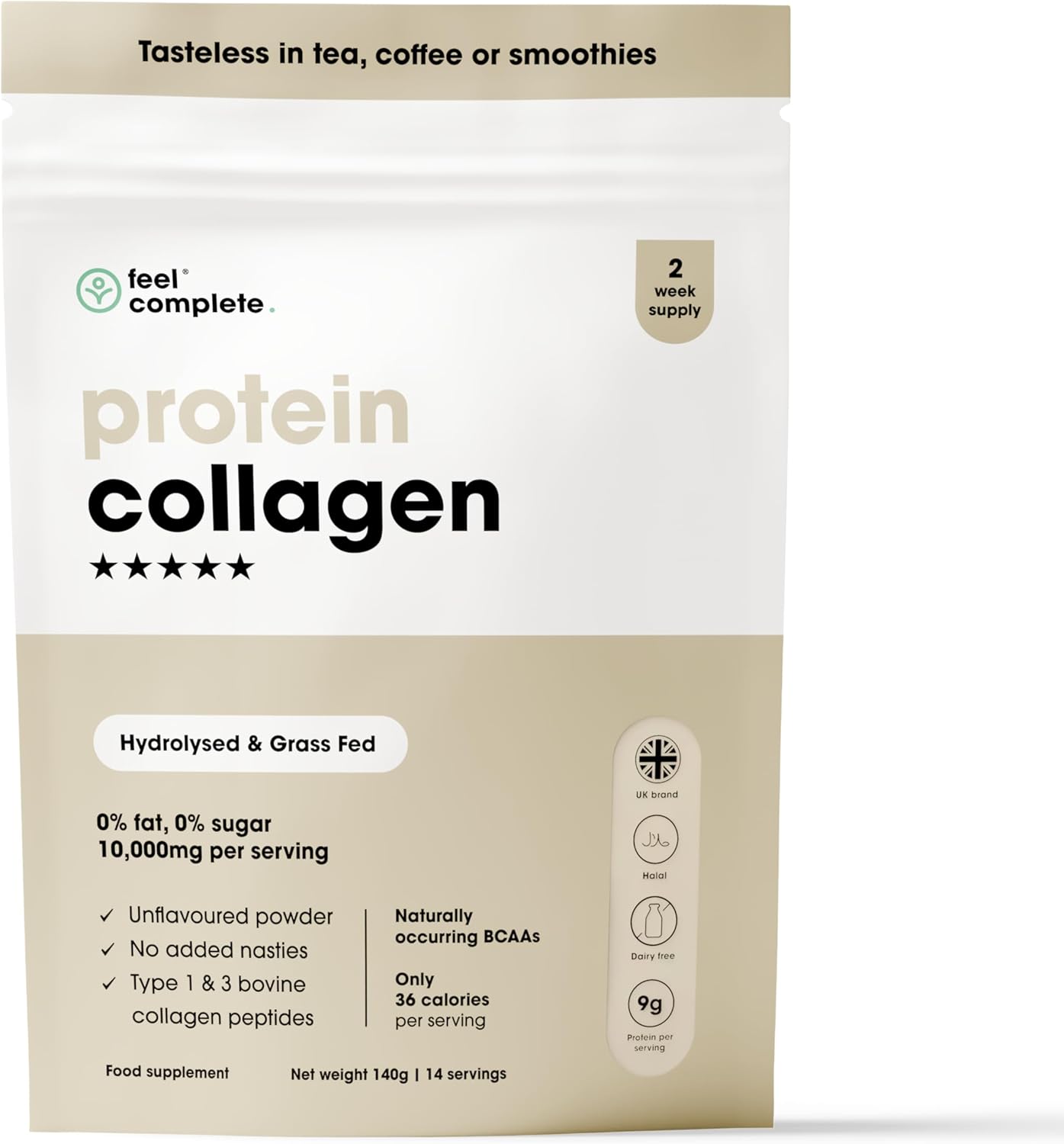 Feel Complete | High Protein Collagen | Grass Fed & Hydrolysed | Premium Type 1 & 3 Hydrolysed Bovine Collagen Peptides | Halal | Skin, Hair & Nails | Includes Amino Acids | 140g | 14 Servings