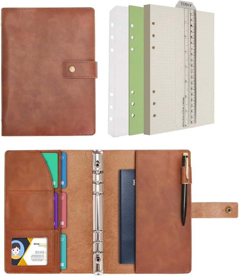 WONDERPOOL Leather Diary Refillable Notebook Spiral Journal Binder Portfolio - A5 Dot Grid Paper & Inner Pockets for Travel Work and Personal Organizer (Coffee, A5)