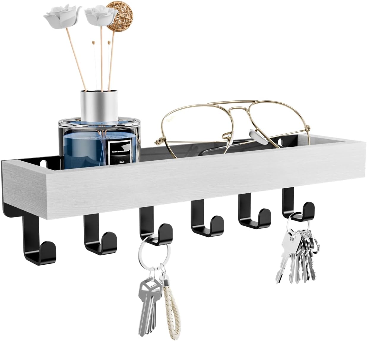 SWTYMIKI Key Holder with Wood Tray and 6 Hooks, Wall Mounted Key Racks, Key Hangers Home Decor Key Rack Mail Organizer for Hallway, Entryway, Bedroom, Mudroom, Office