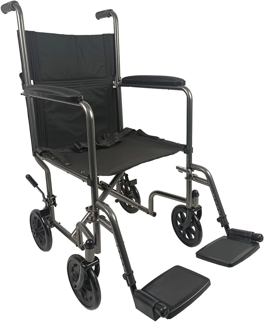 Lightweight Folding Attendant Transfer Transit Wheelchair with Brakes and lapbelt ECTR06-BLK