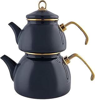 Karaca Retro Teapot Set Anthracite, Enamel, Teapot/Lid (1.1 lt, 2.4 lb), Tea Kettle (2.3 lt, 5 lb), Titanium Coated Handles, Suitable for Induction