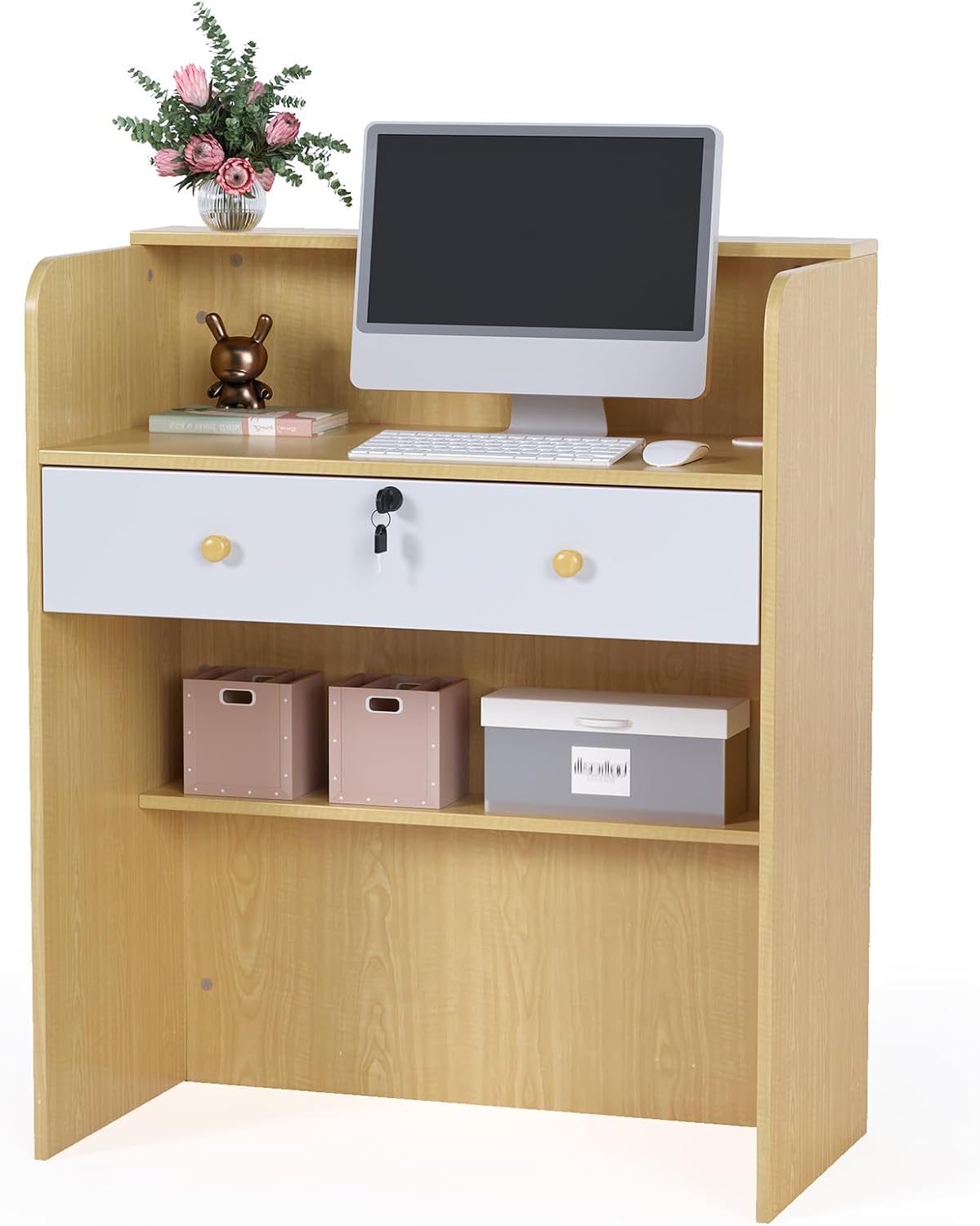 OmySalon Reception Desk with Counter, Small Front Desk w/Lockable Drawer, Wooden Modern Reception Table for Salon Lobby Office Home (Original Wood, 32)