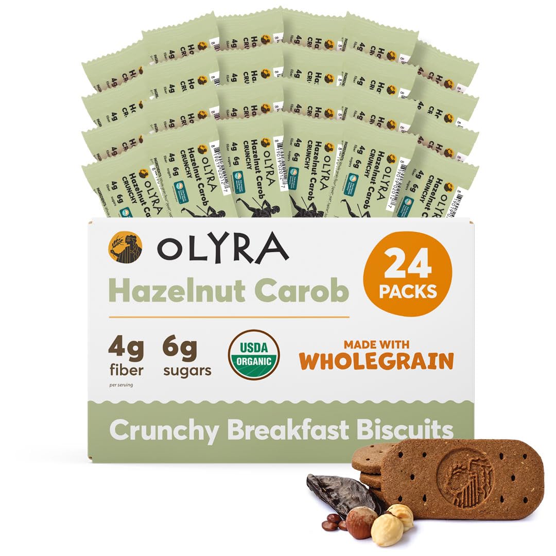 Olyra Hazelnut Carob Breakfast Biscuits, Healthy Snacks for Kids and Adults, Low Sugar, High Fiber, Vegan Organic Cookies, with Ancient Greek Grains, USDA Certified Organic, Non GMO, 24 Packs