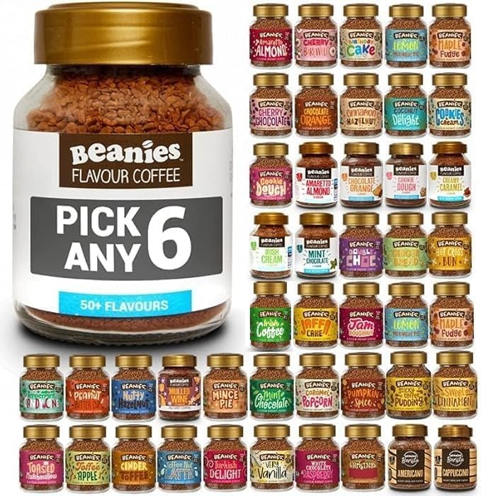 Beanies Flavoured Instant Coffee | Pick Any 6 Jars (50g) | 50+ Flavours | Sugar Free, 2 Calories Per Cup | Gluten & Dairy Free