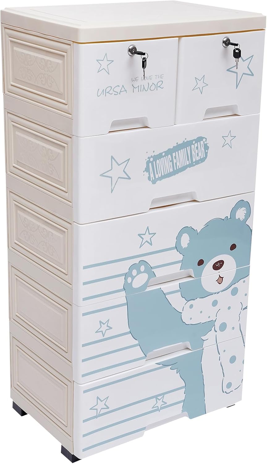 Dressers, 5 Layers Polar Bear Kid Dressers, 19.69 * 13.78in Plastic Vertical Storage Tower Cabinet with 6 Drawers and Wheel, Chest of Drawers for Bedroom Hallway Entryway