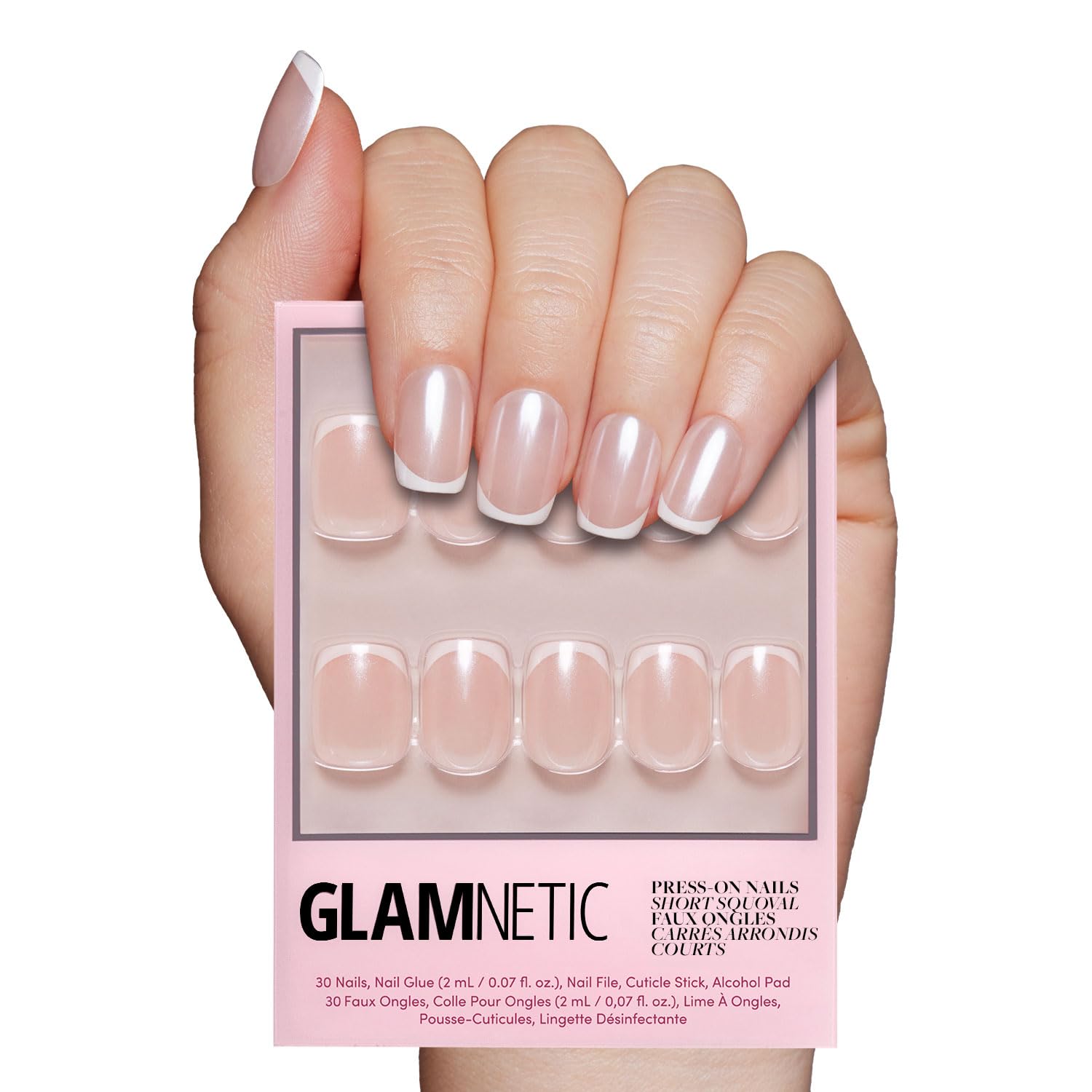 Glamnetic Press On Nails - La Perle | Squoval White Nails with French Tips, Reusable Stick On Fake Nails with Glue | Salon Quality | 15 Sizes - 30 Nail Kit