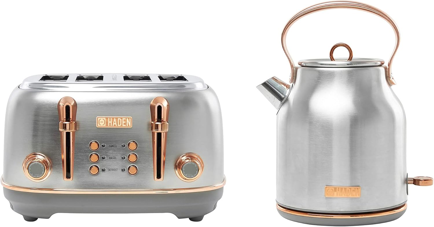 Haden Heritage 4 Slice Wide Slot Stainless Steel Toaster Bundled with 1.7 Liter Stainless Steel Electric Water Kettle, Steel & Copper