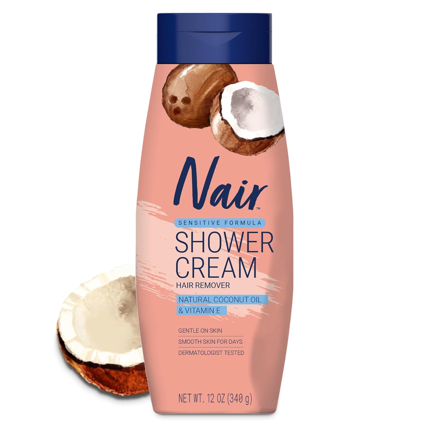 Nair Sensitive Shower Cream Hair Remover with Natural Coconut Oil and Vitamin E, Body Hair Removal Cream, 12 oz