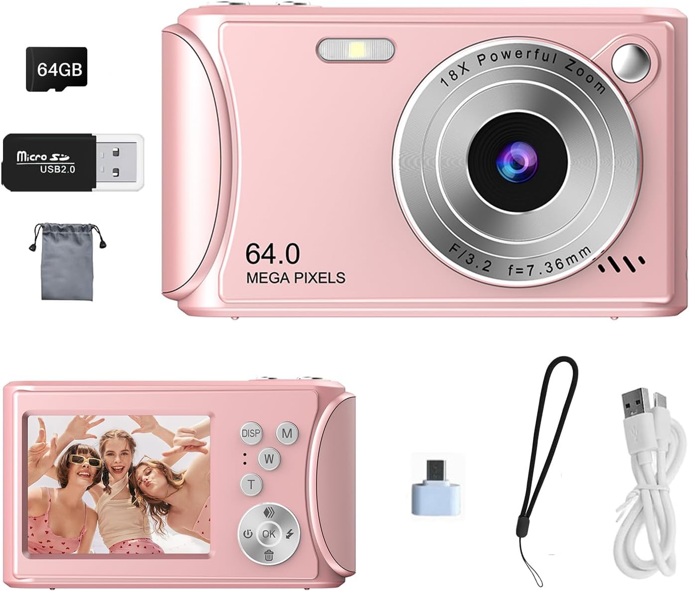 Digital Camera 1080P FHD 64MP with 2.4" LCD Screen,18X Digital Zoom, Compact Portable Vlogging Camera with 64gb SD Card and Type-C OTG Adapter for Kids Teen Students Beginner (Pink)