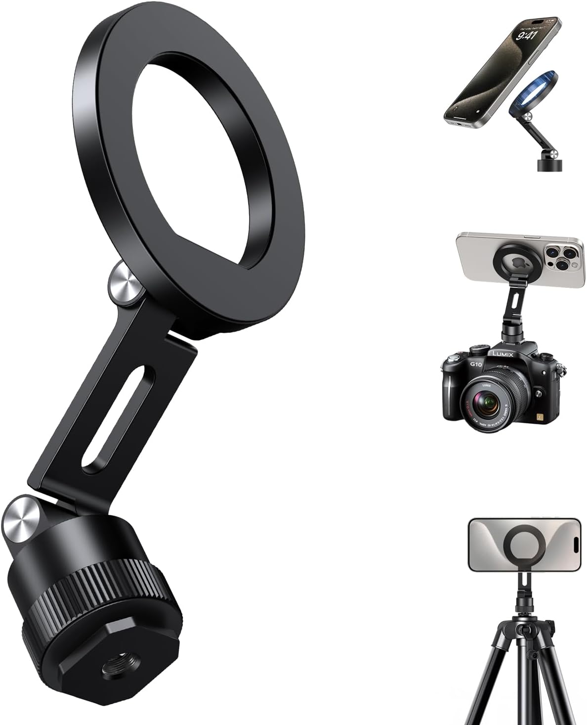 elitehood Magnetic Phone Tripod Mount for Magsafe, Aluminum iPhone Tripod Mount Adapter with 1/4” Screw, Cold Shoe Phone Holder for Camera, Compatible with iPhone 16/15/14/13 Series