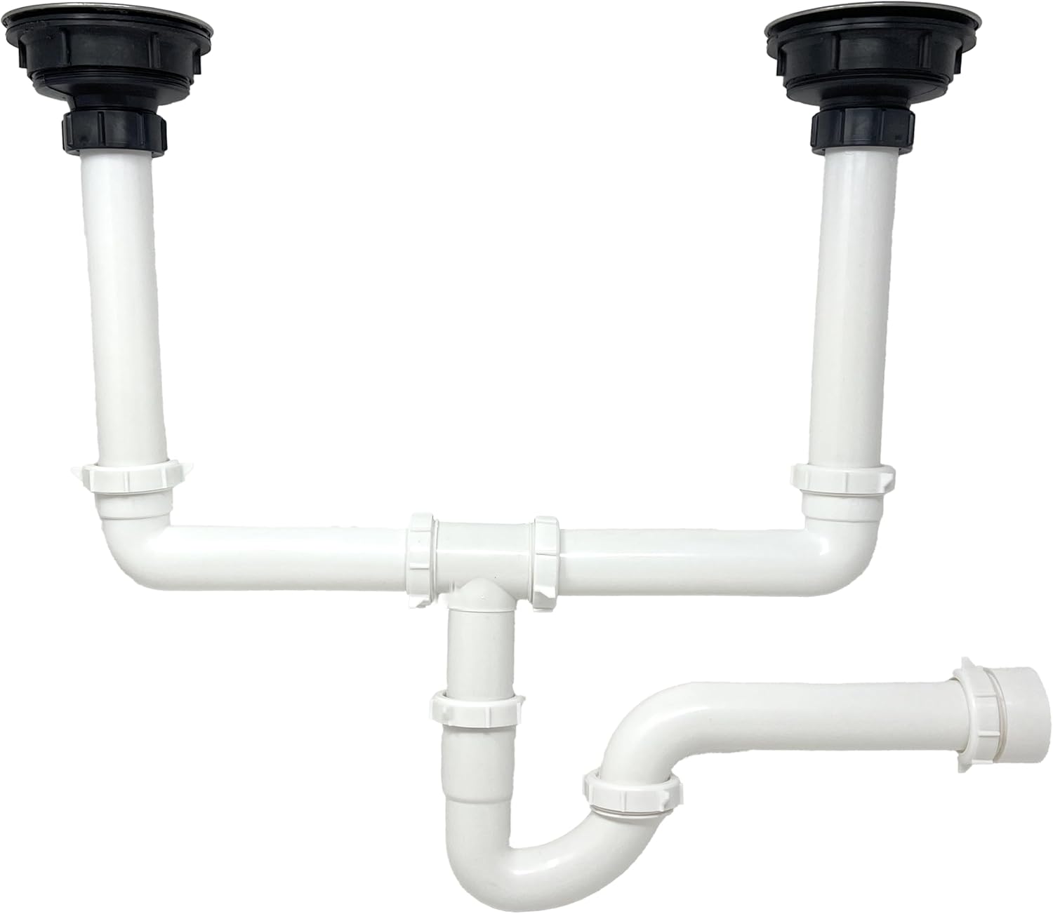 Sink Drain Pipe Kit, 1 ½” All-in-One Plumbing Set with Metal Strainer Baskets, Plastic P-Traps and Replacement Pipes, for Double Bowl Kitchen and Patio Sinks