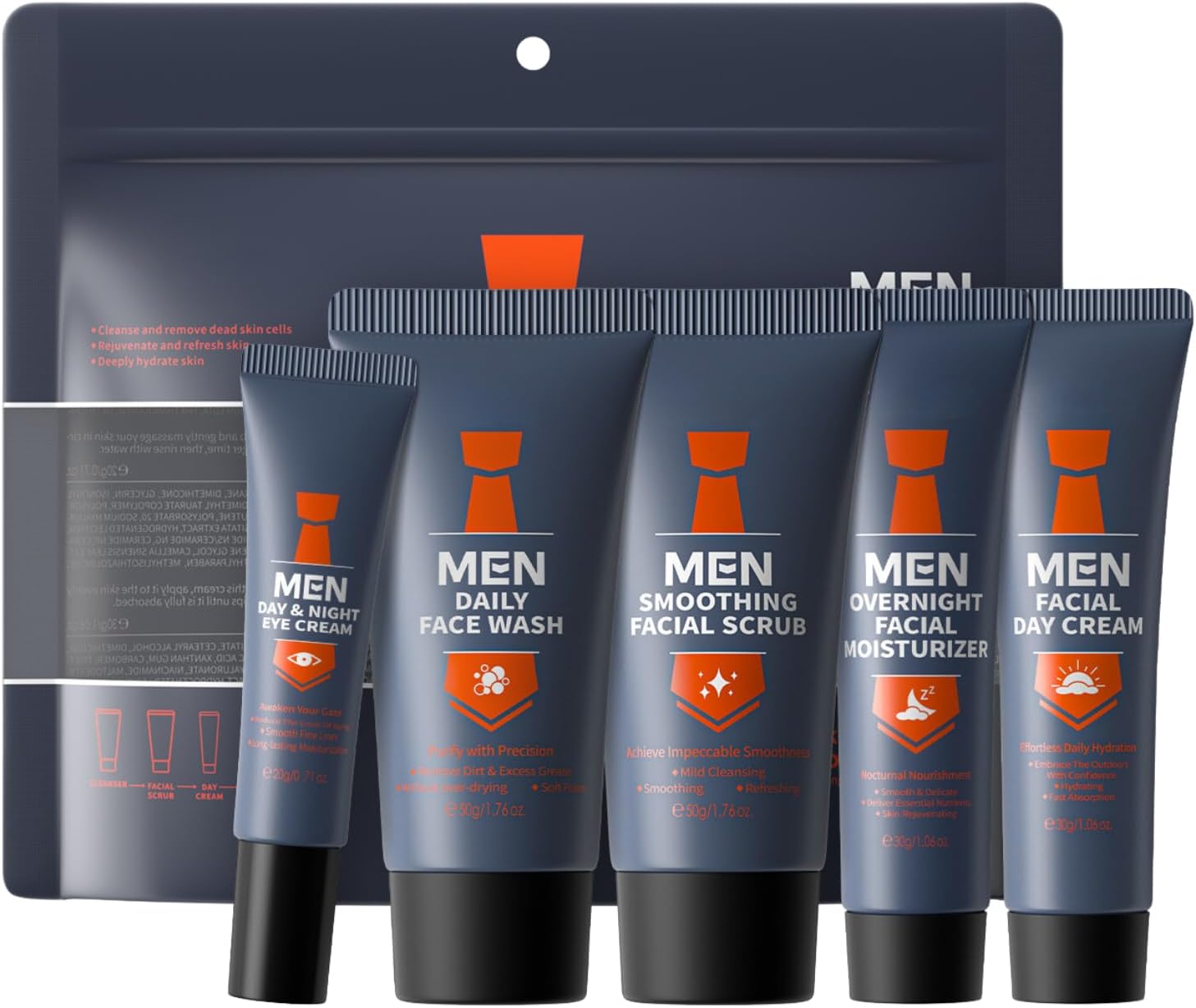 Mens Skincare Set 5PCS: Face Wash, Facial Scrub, Day Cream, Overnight Moisturiser, Eye Cream – Cleanse & Exfoliate & Hydrate & Firm & Smooth & Even Skin Tone – Perfect Skincare Gift Set for Mens