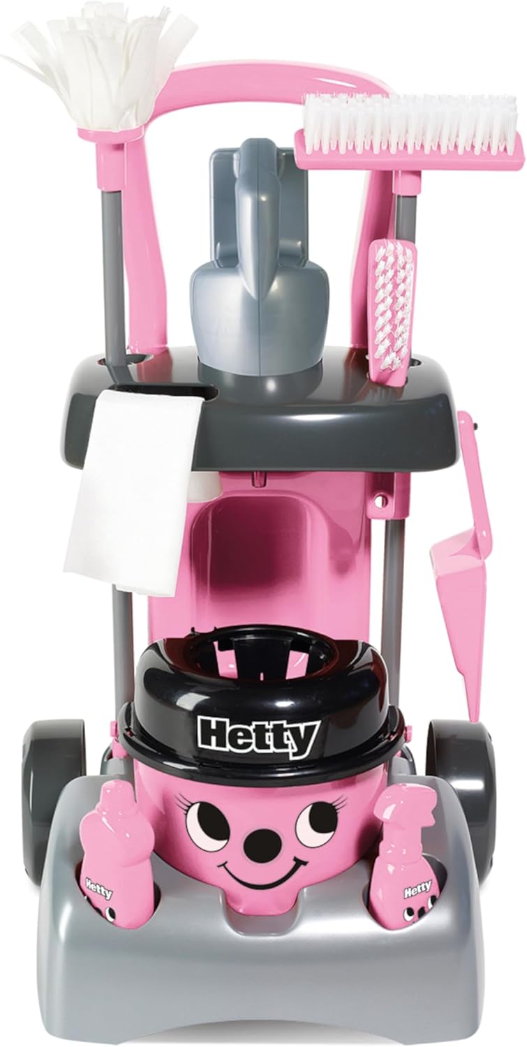 Casdon Henry Age 3+ & Hetty Toys - Hetty Deluxe Cleaning Trolley - Pink Hetty-Inspired Toy Playset with Working Hand Vacuum - Kids Cleaning Trolley Set with Accessories - For Children Aged 3+