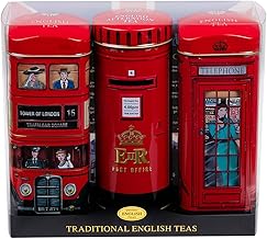 New English Teas British Souvenir 3x Tea Tins with 42 English Breakfast Teabags - Post Box, London Bus, Telephone Box, UK Foods