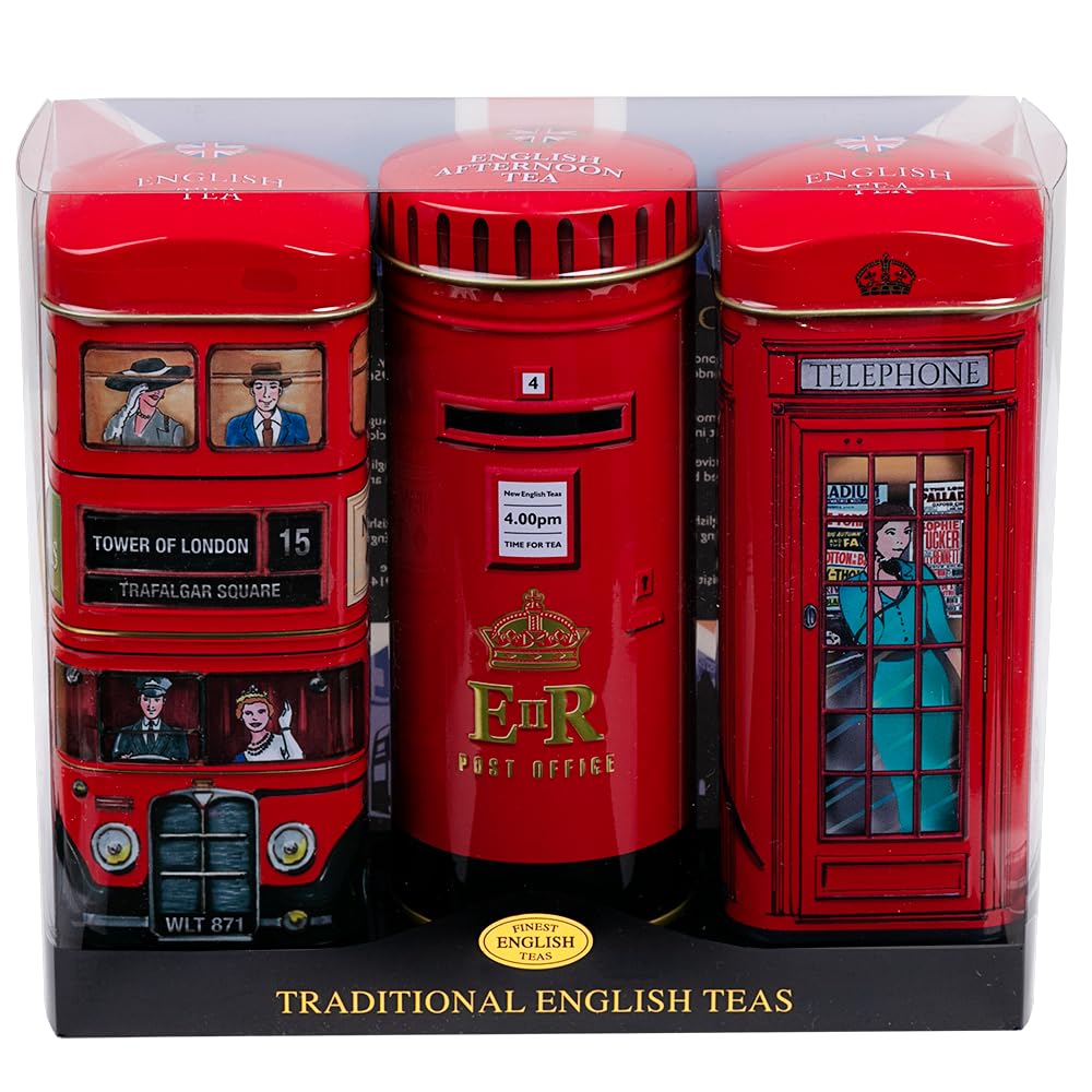New English Teas British Souvenir 3x Tea Tins with 42 English Breakfast Teabags - Post Box, London Bus, Telephone Box, UK Foods