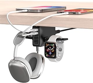 HORUMP PC Gaming Headphone Headset Holder Hanger Hook, Dual Headphone Stand Under Desk with 5 Ports USB Charging Station, Suitable for Gamer Earphone Accessories as Boyfriend, Son, Husband Gifts