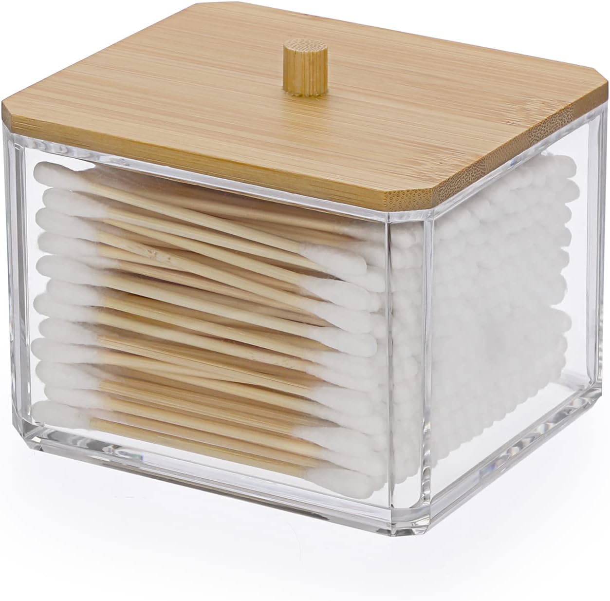 SUMTree Square Qtip Cotton Ball Holder Acrylic Qtip Dispenser with Bamboo Lid, Floss Swab Dispenser, Bathroom Storage Jar Canister, Plastic Apothecary Jar for Kitchen Bathroom Dressing Table