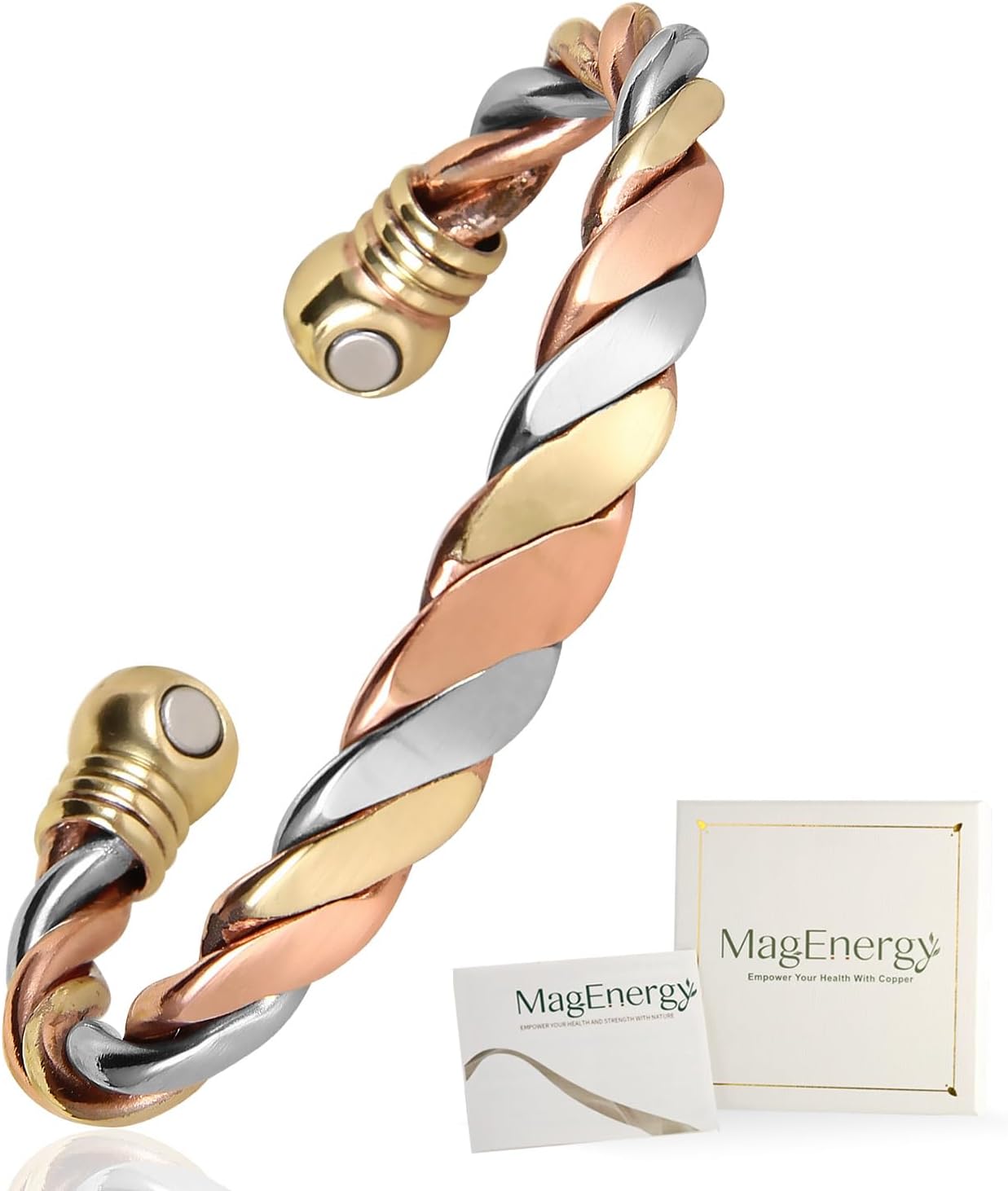 MagEnergy Copper Magnetic for Men and Women, Tri-Color Twisted Solid Copper with Magnetic Ends - Adjustable Open