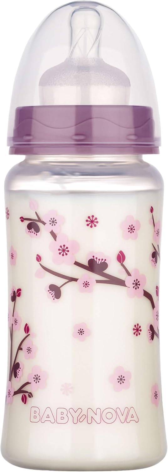 babynova Wide Neck Baby Bottle 300ml with Anti Colic Medium Flow Silicone Teat - Made in Germany - BPA-Free - Cherry Blossom